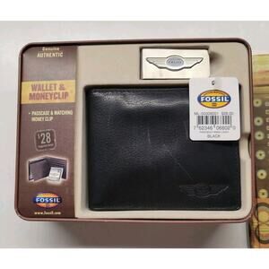 Vintage Fossil Black Leather Wallet with Money Clip - New In Tin Box 2003